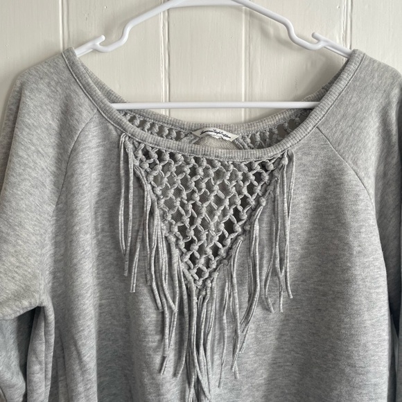 American Eagle Gray Crewneck with Fringe Detail - Picture 2 of 3
